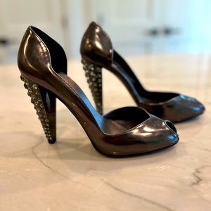 MIU MIU gun metal gray heels with rhinestone studded heels.